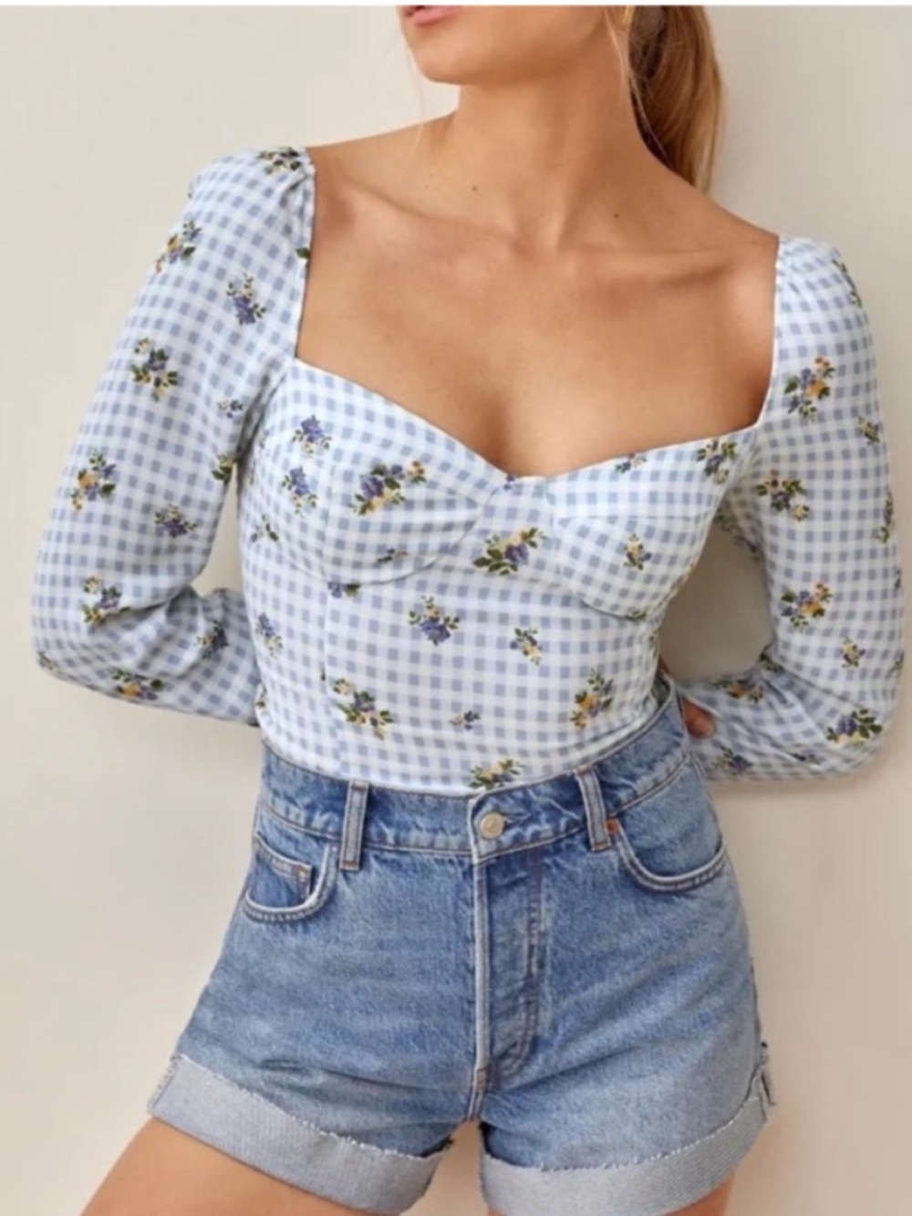 REFORMATION! Reign Top in Al Fresco size 6 Blue Gingham & Flower Pattern